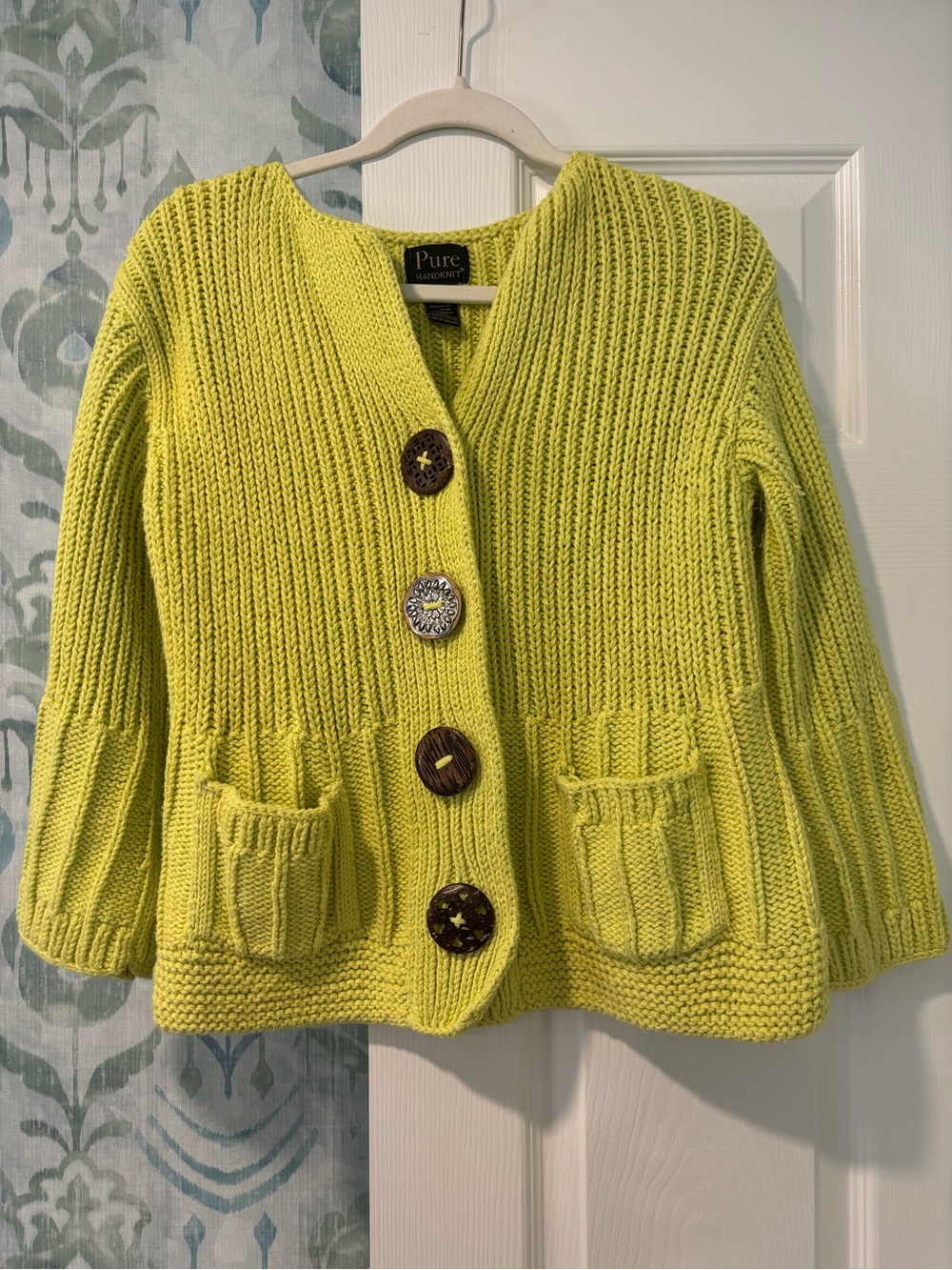 Pure Handknit Chartreuse Knit Cardigan with Decorative Buttons - Picture 1 of 8